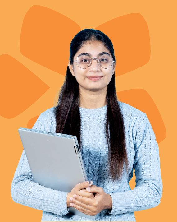 Student with orange background